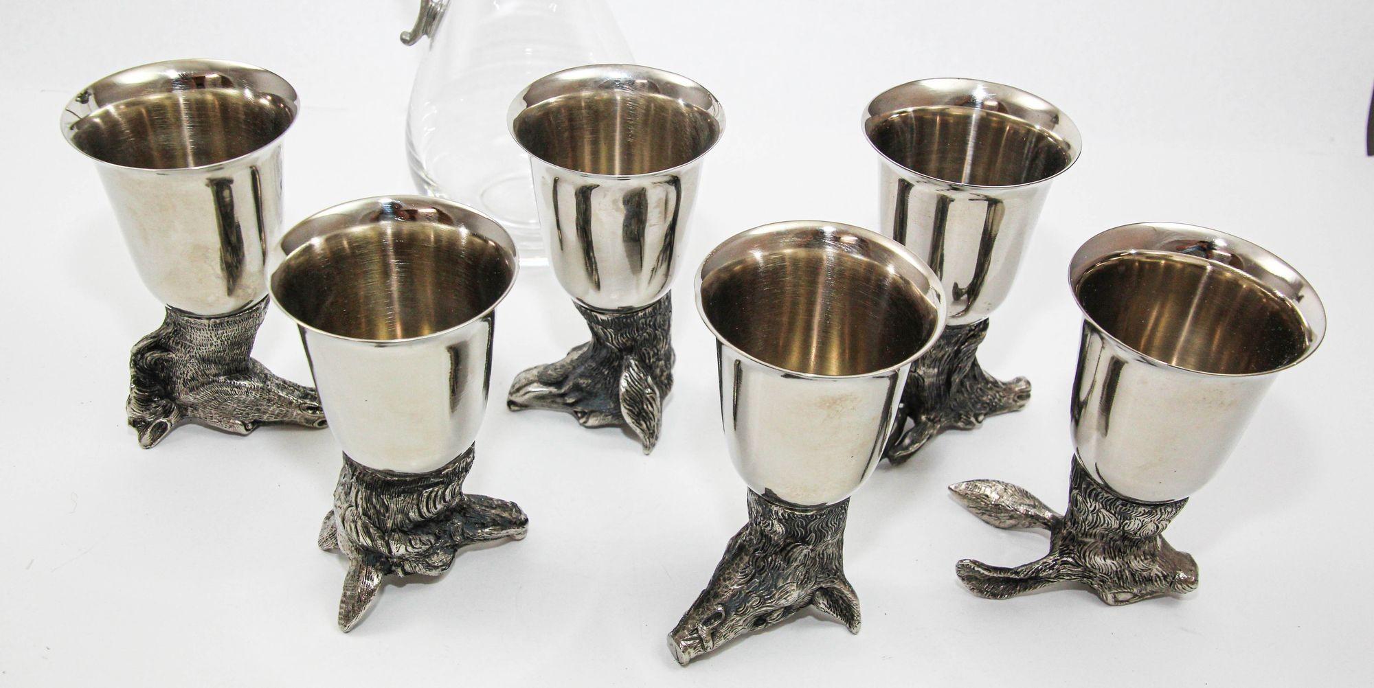 Set of 6 Silver Stirrup Cups Goblets Animal Heads with Wine Decanter Italy 1970s In Good Condition For Sale In North Hollywood, CA