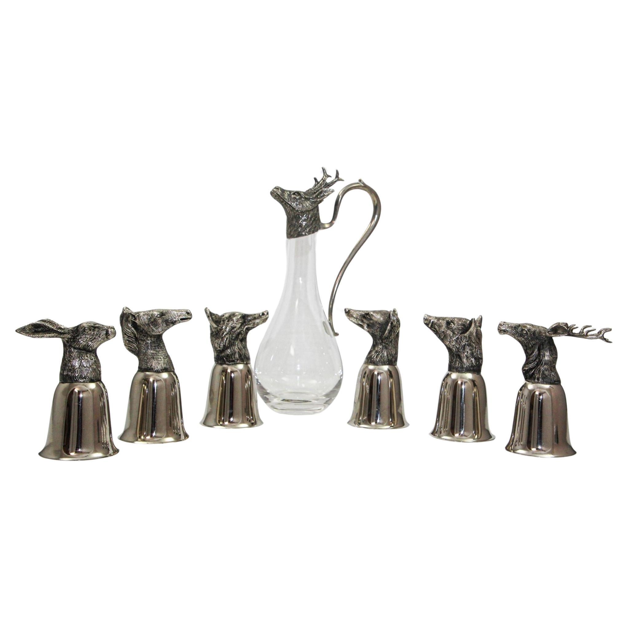 Set of 6 Silver Stirrup Cups Goblets Animal Heads with Wine Decanter Italy 1970s