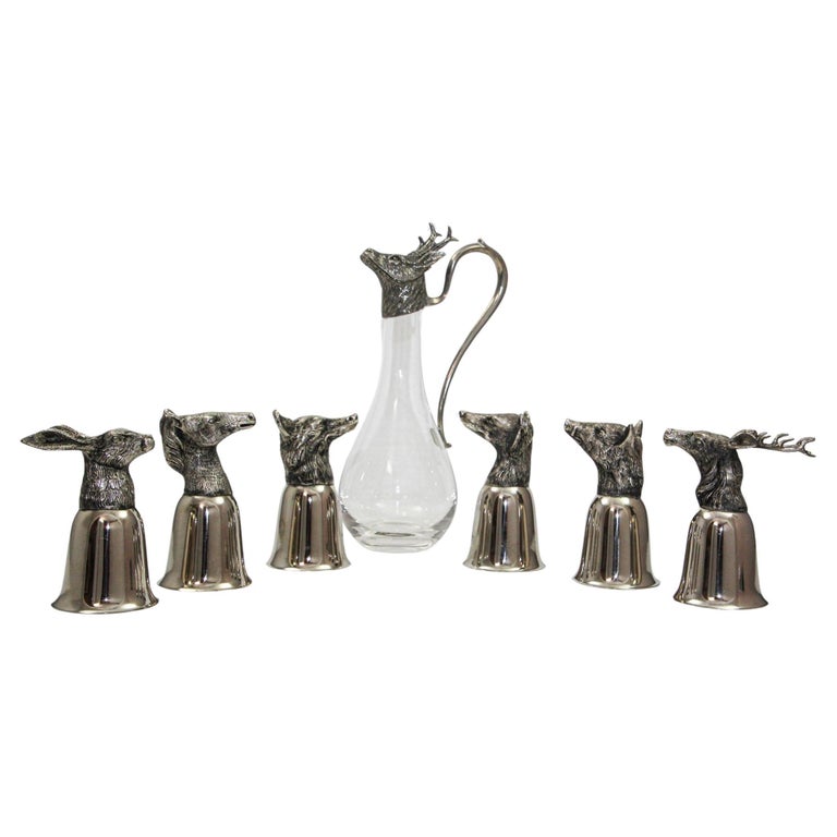 Set of 6 Silver Stirrup Cups Goblets Animal Heads with Wine Decanter Italy  1970s For Sale at 1stDibs