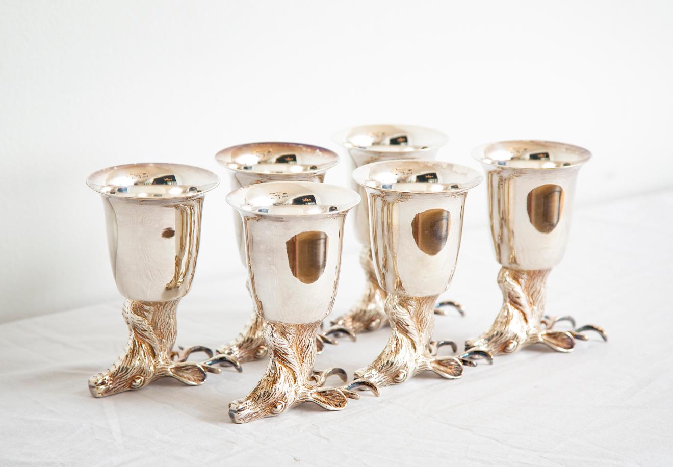 Mid-Century Modern Set of 6 Silver Stirrup Cups Goblets with Animal Heads