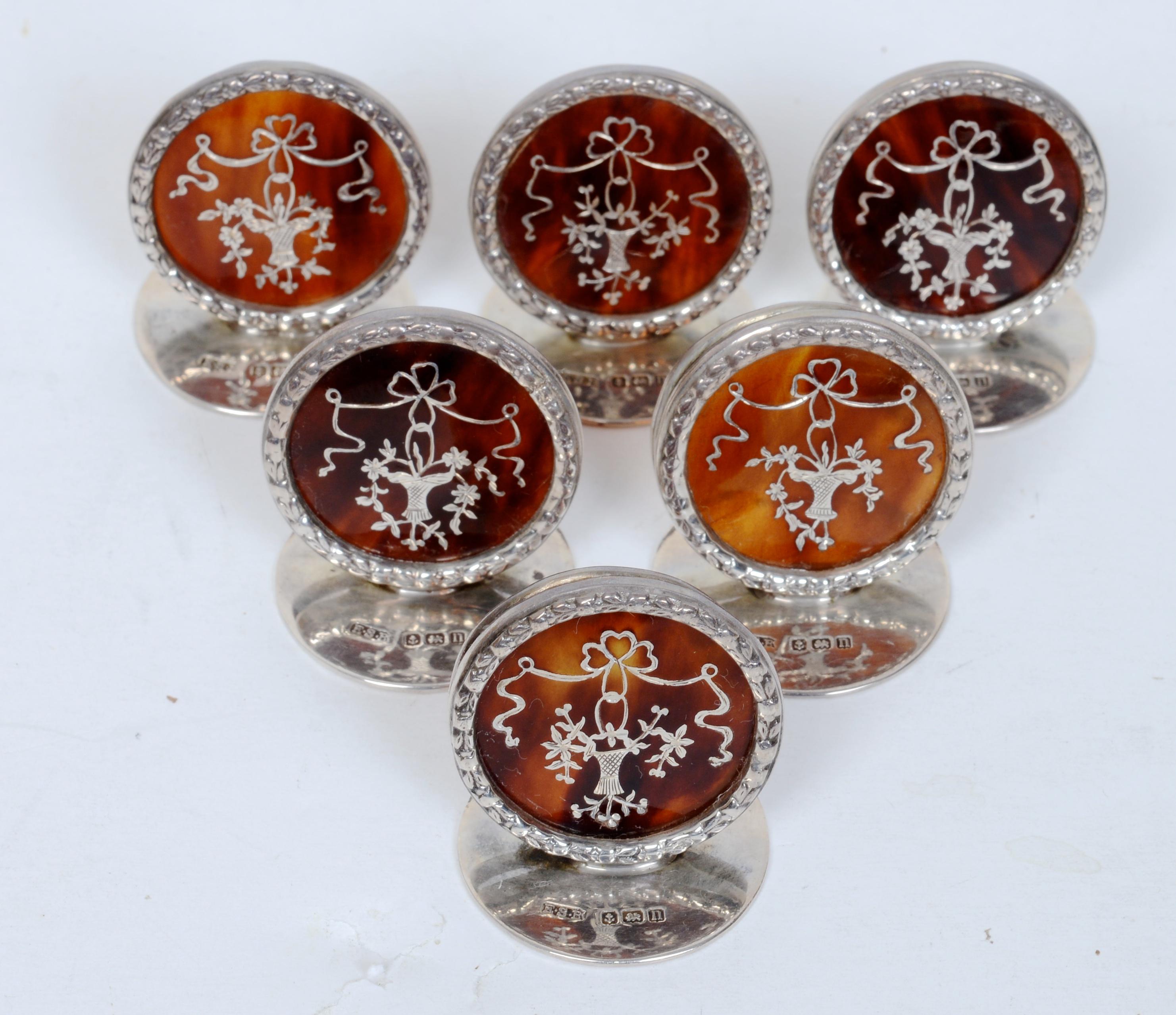 Set of 6 Silver and Tortoise Place Card Holders in the Original Box. They were retailed by Ryrie Jewelers. The holders are sterling silver and tortoise.  The tortoise is framed in a sterling leaf border and inlaid with sterling silver medallions.