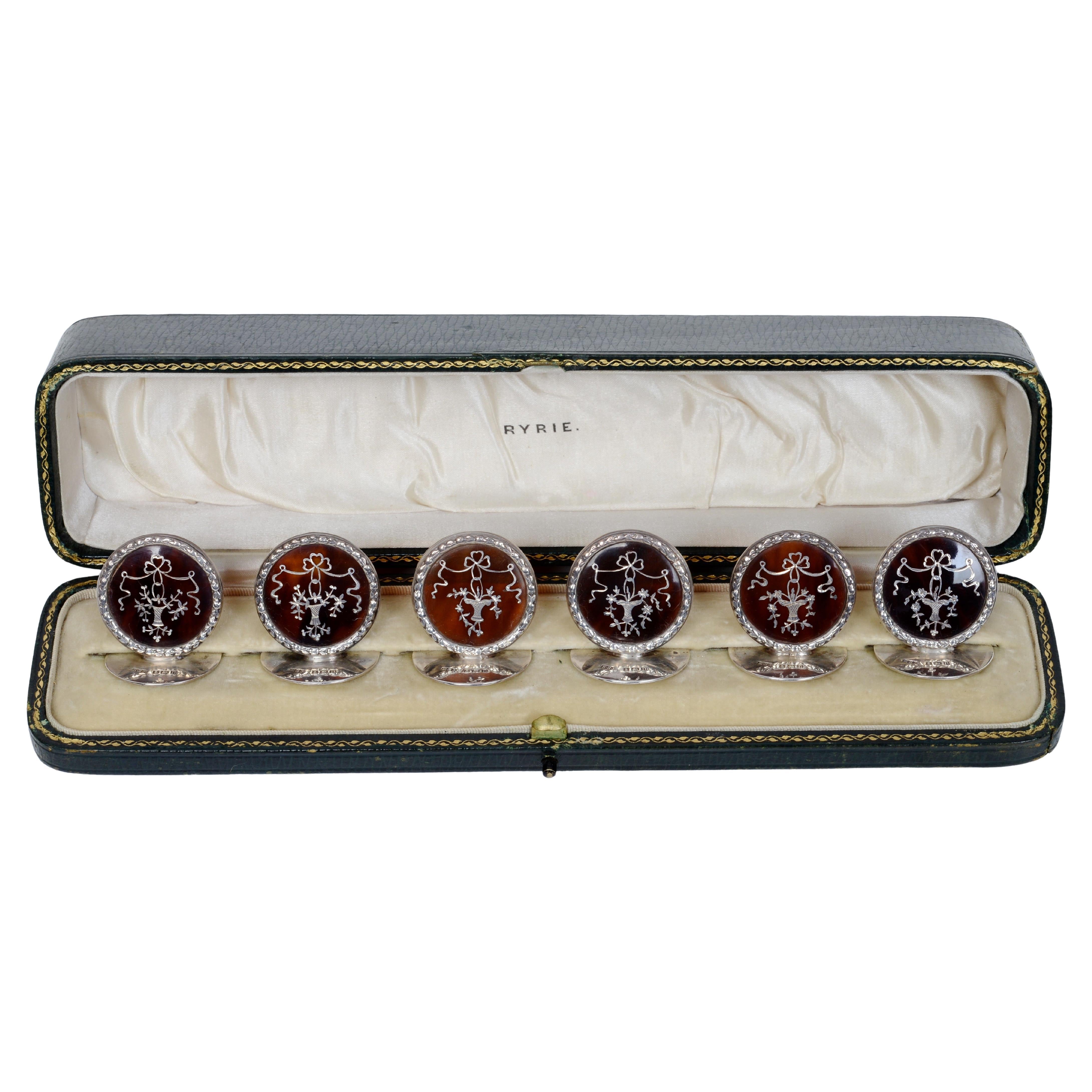 Set of 6 Silver & Tortoise Shell Place Card Holders Original Box, Ryrie Jewelers For Sale