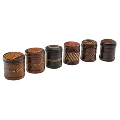Set Of 6 Small Antique Storage Tins, English, Leather, Cigarette Pot, Circa 1920