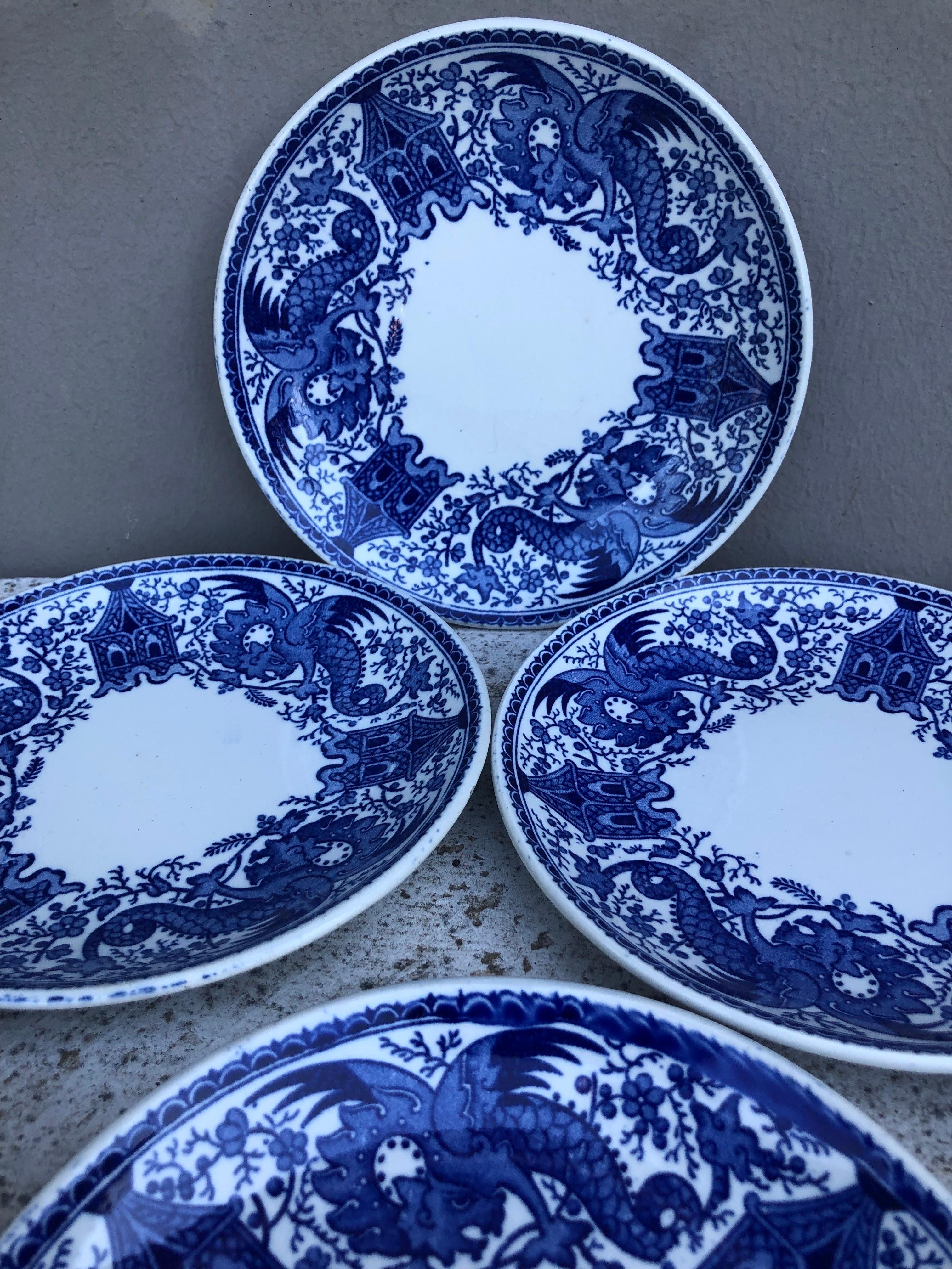 Chinoiserie Set of 6 Small Blue & White Small Plates Dragons Sarreguemines For Sale