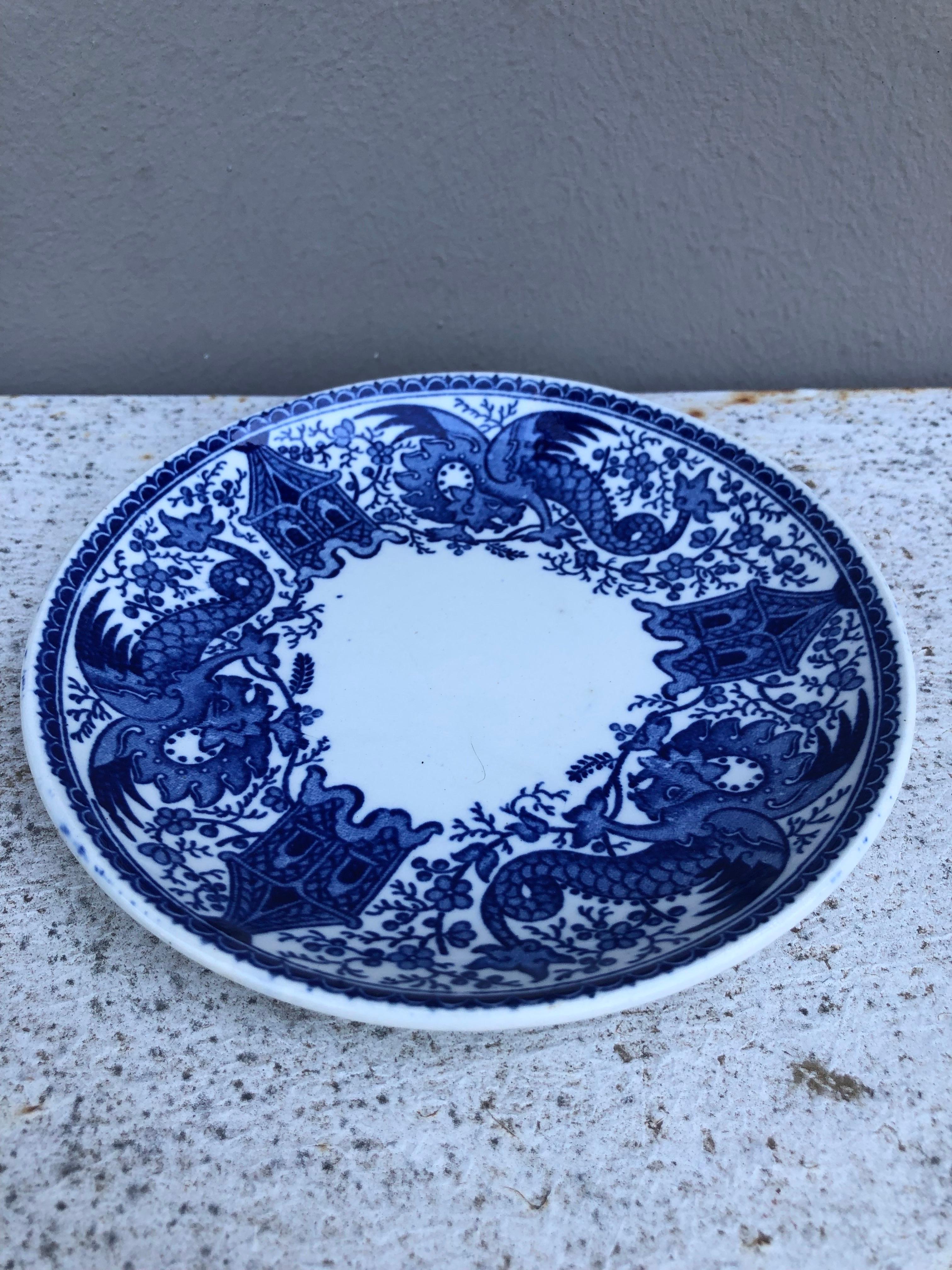French Set of 6 Small Blue & White Small Plates Dragons Sarreguemines For Sale