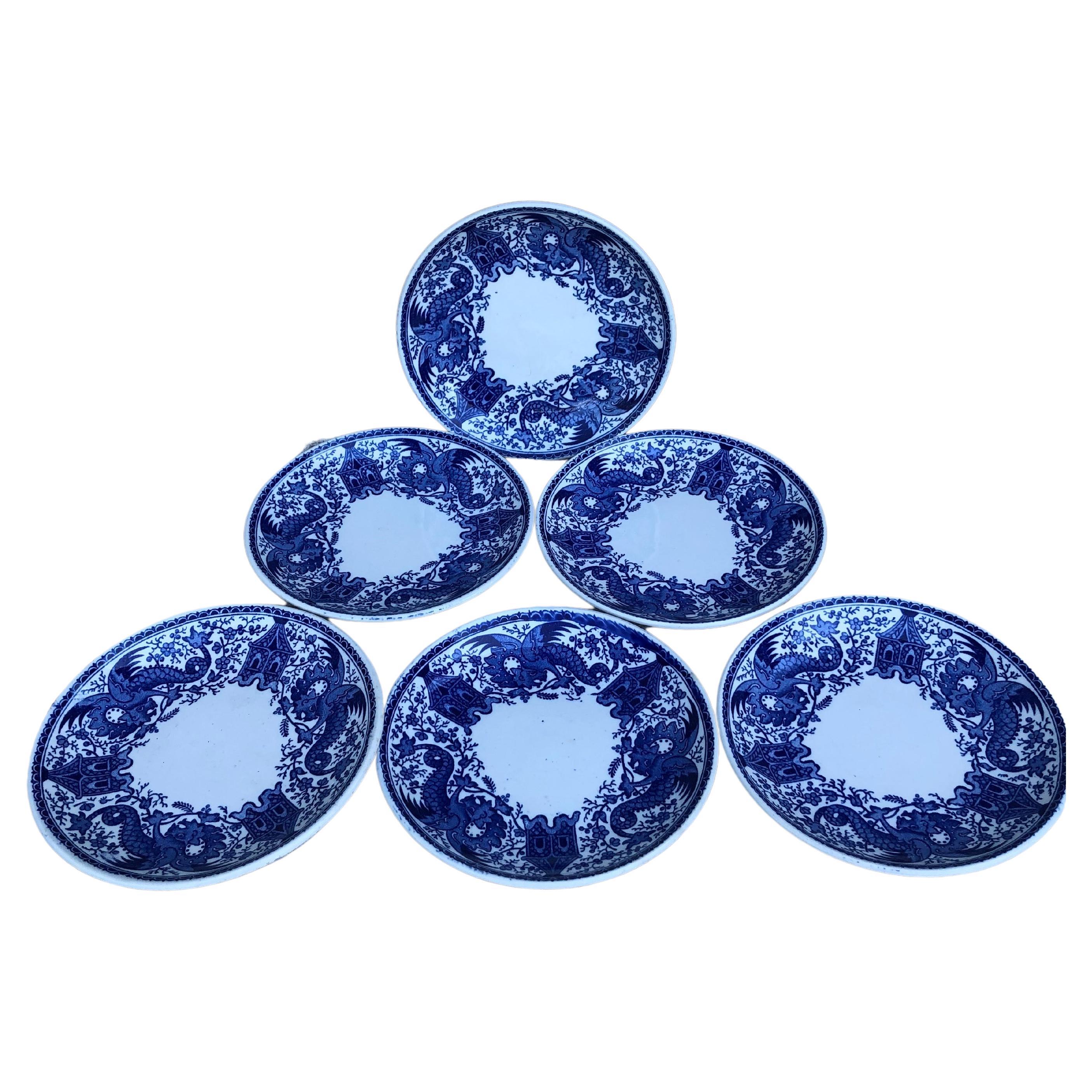 Set of 6 Small Blue & White Small Plates Dragons Sarreguemines For Sale