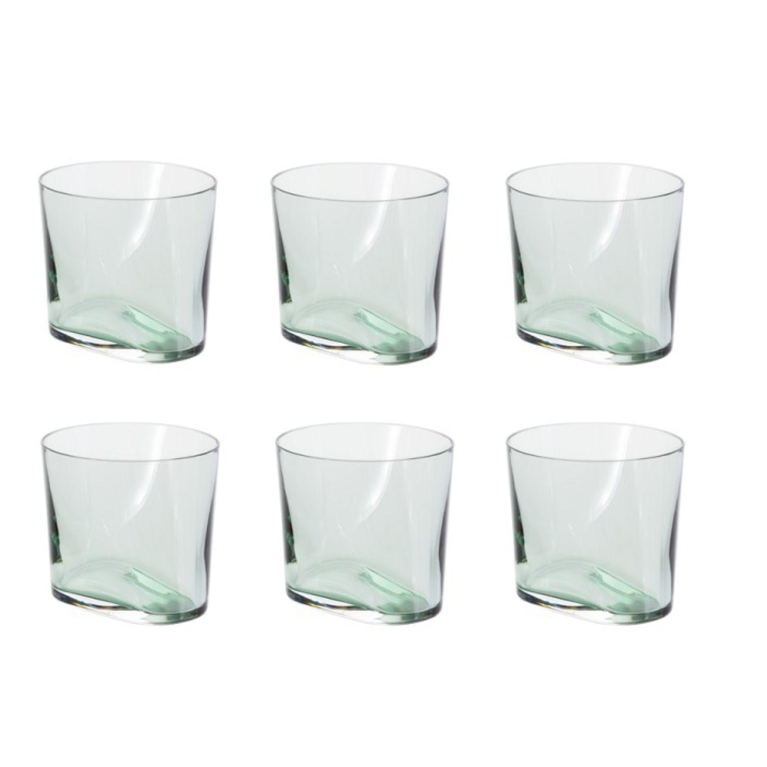 Set of 6 smoke green glasses by Pulpo
Dimensions: D 8.5 x H 8.5 cm
Materials: handmade glass

Pick them, pour them, roll them, and hold them; a kaleidoscope of colour, form and texture awaits. The potpourri collections by German designer Meike