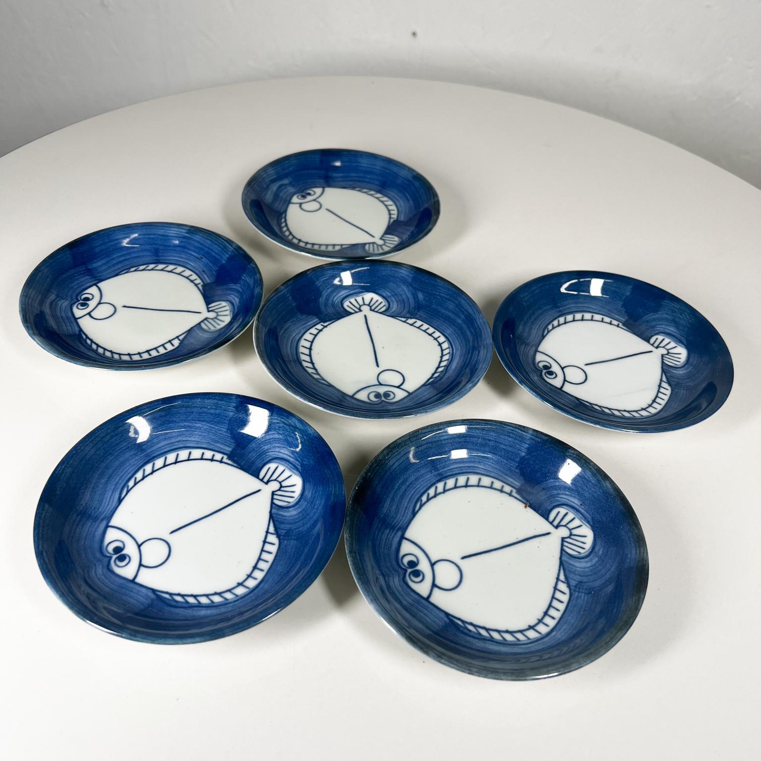 Late 20th Century Set of 6 Snack Plates Modern Blue and White Fish from Japan