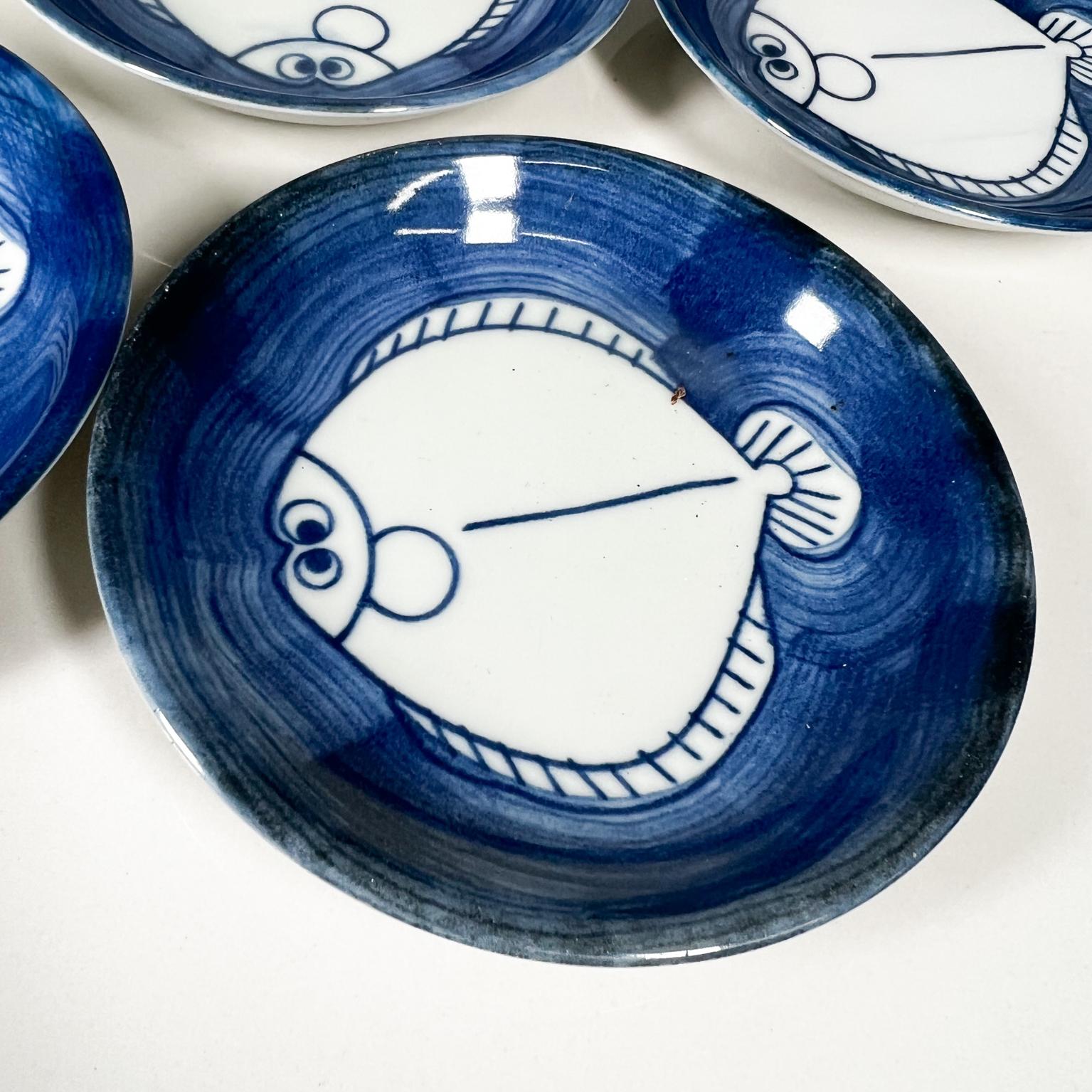 Ceramic Set of 6 Snack Plates Modern Blue and White Fish from Japan
