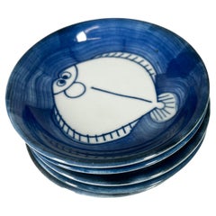 Vintage Set of 6 Snack Plates Modern Blue and White Fish from Japan