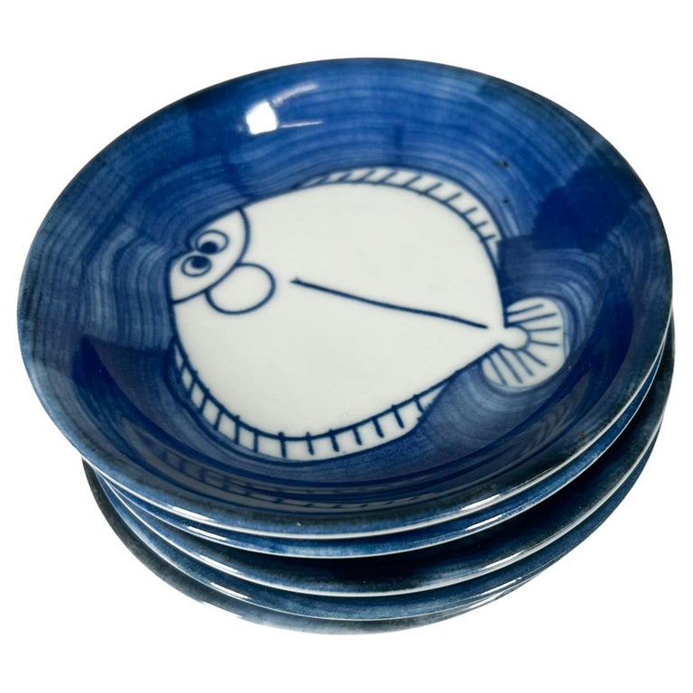 Set of 6 Snack Plates Modern Blue and White Fish from Japan For Sale at