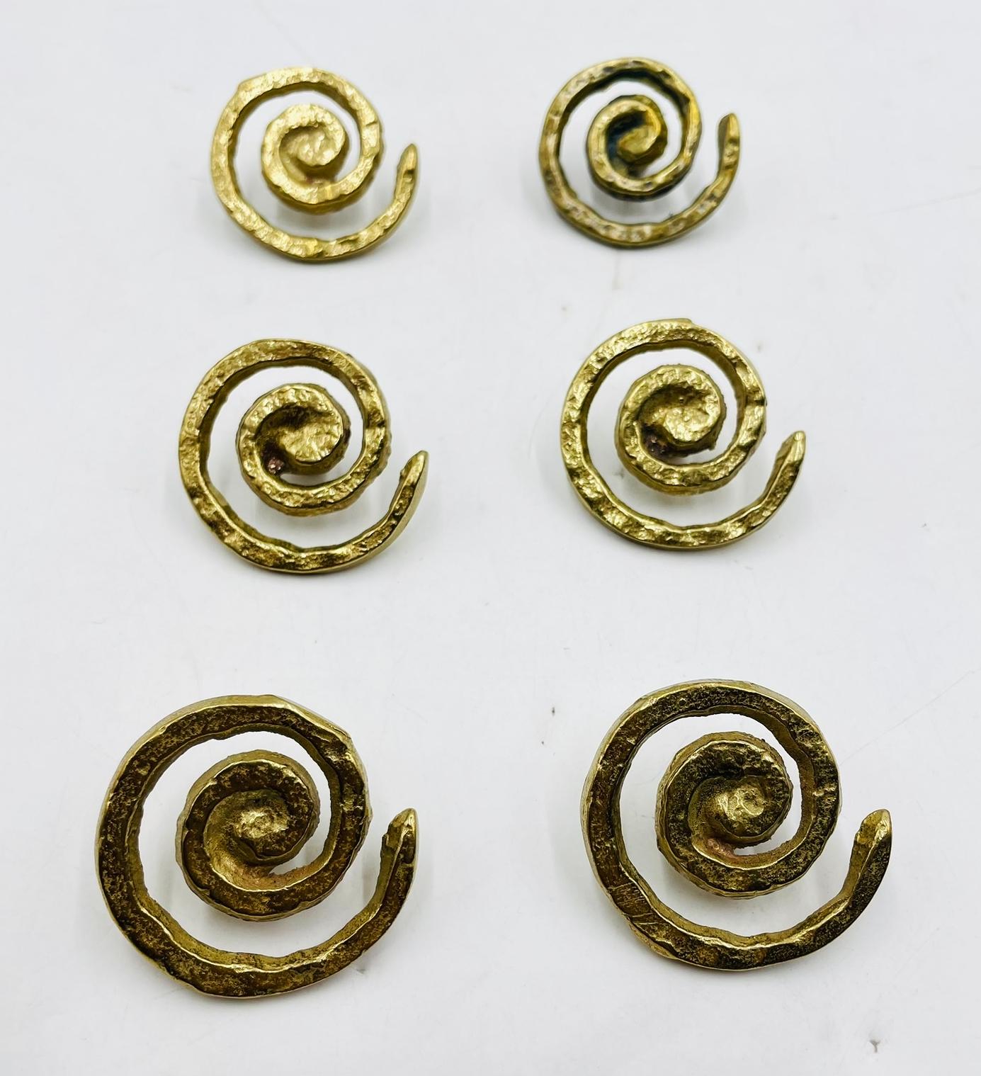 Mexican Set of 6 Solid Brass Cabinet Pulls, Mexico 1950's For Sale