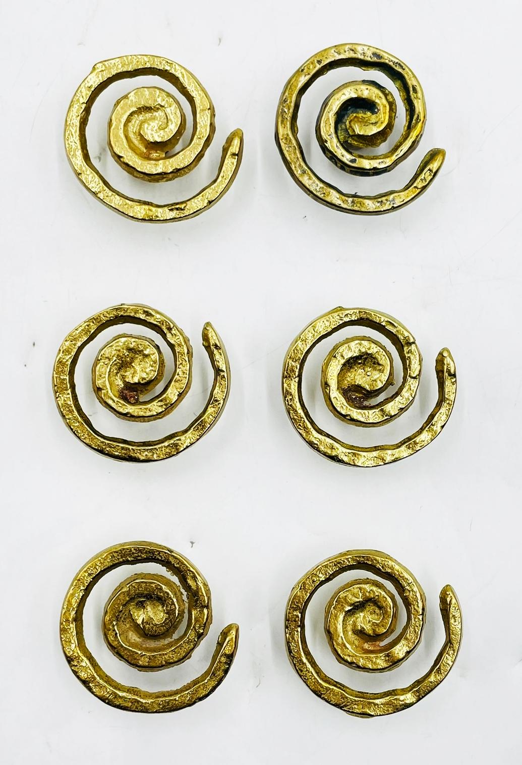 Hand-Crafted Set of 6 Solid Brass Cabinet Pulls, Mexico 1950's For Sale