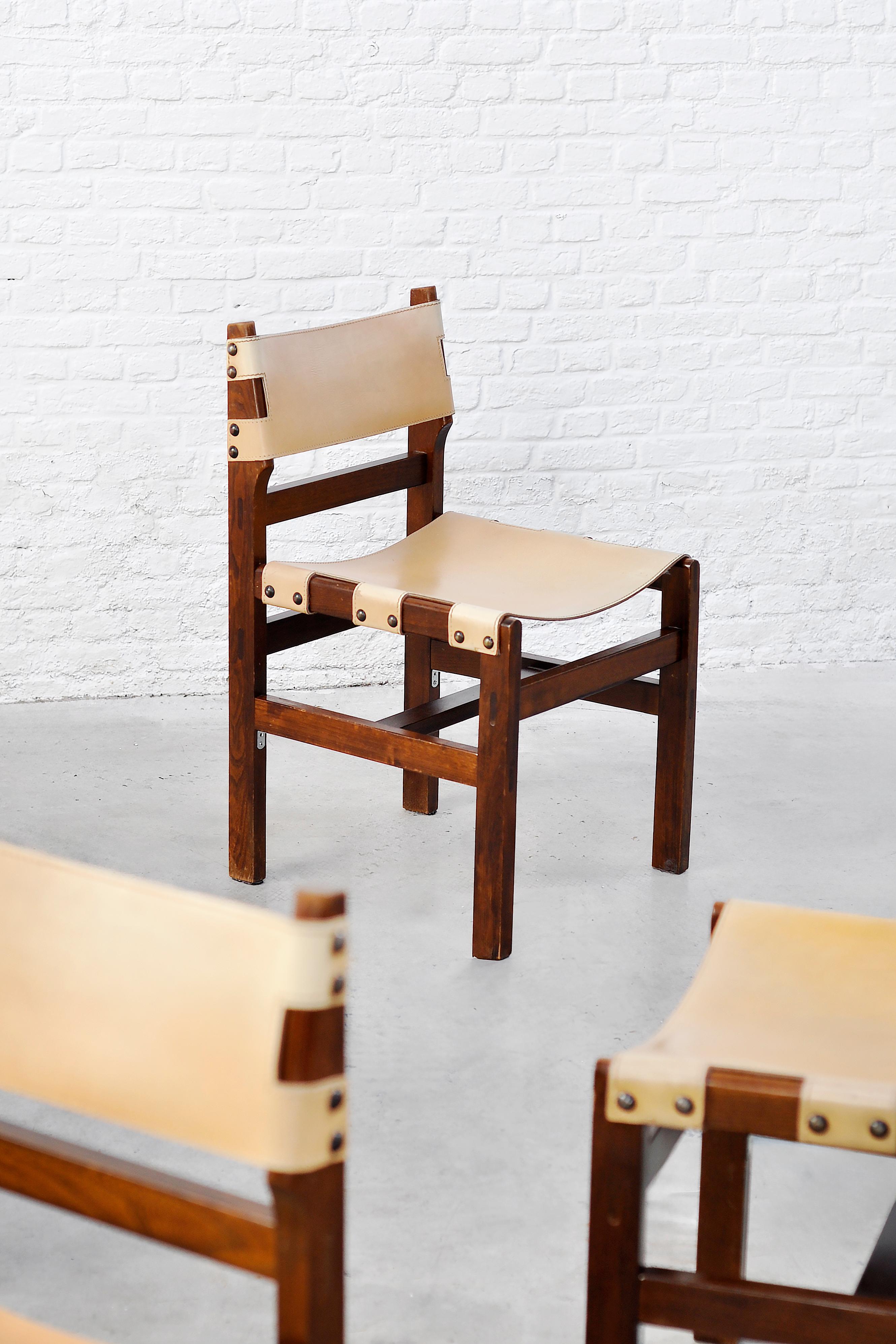 Set of 6 Solid Elm and Leather Dining Chairs by Maison Regain, France, 1970s 4
