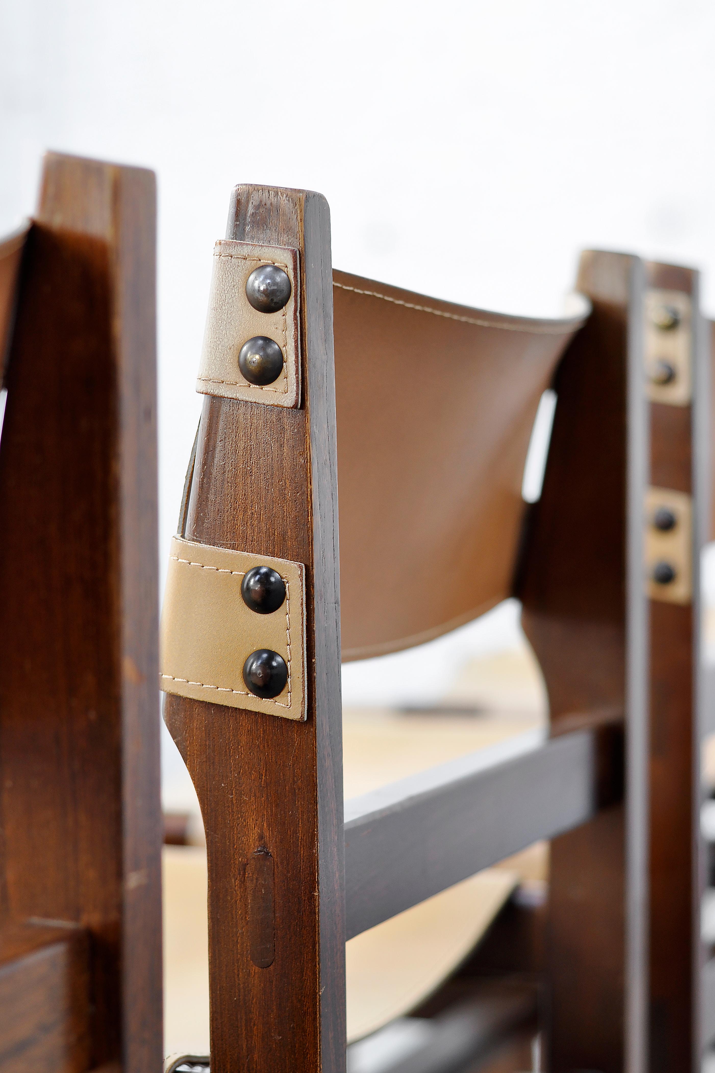 Set of 6 Solid Elm and Leather Dining Chairs by Maison Regain, France, 1970s 6