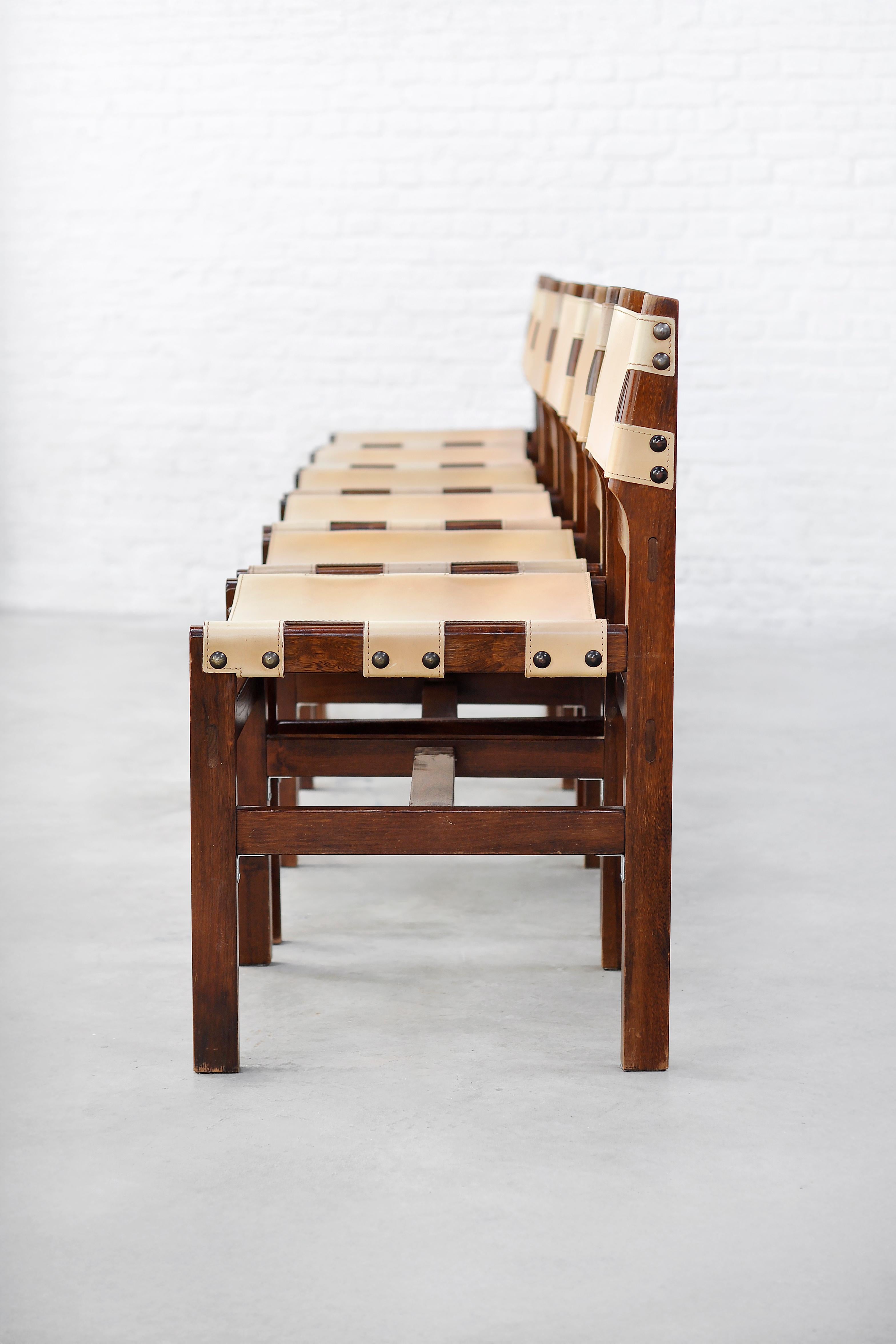 Late 20th Century Set of 6 Solid Elm and Leather Dining Chairs by Maison Regain, France, 1970s
