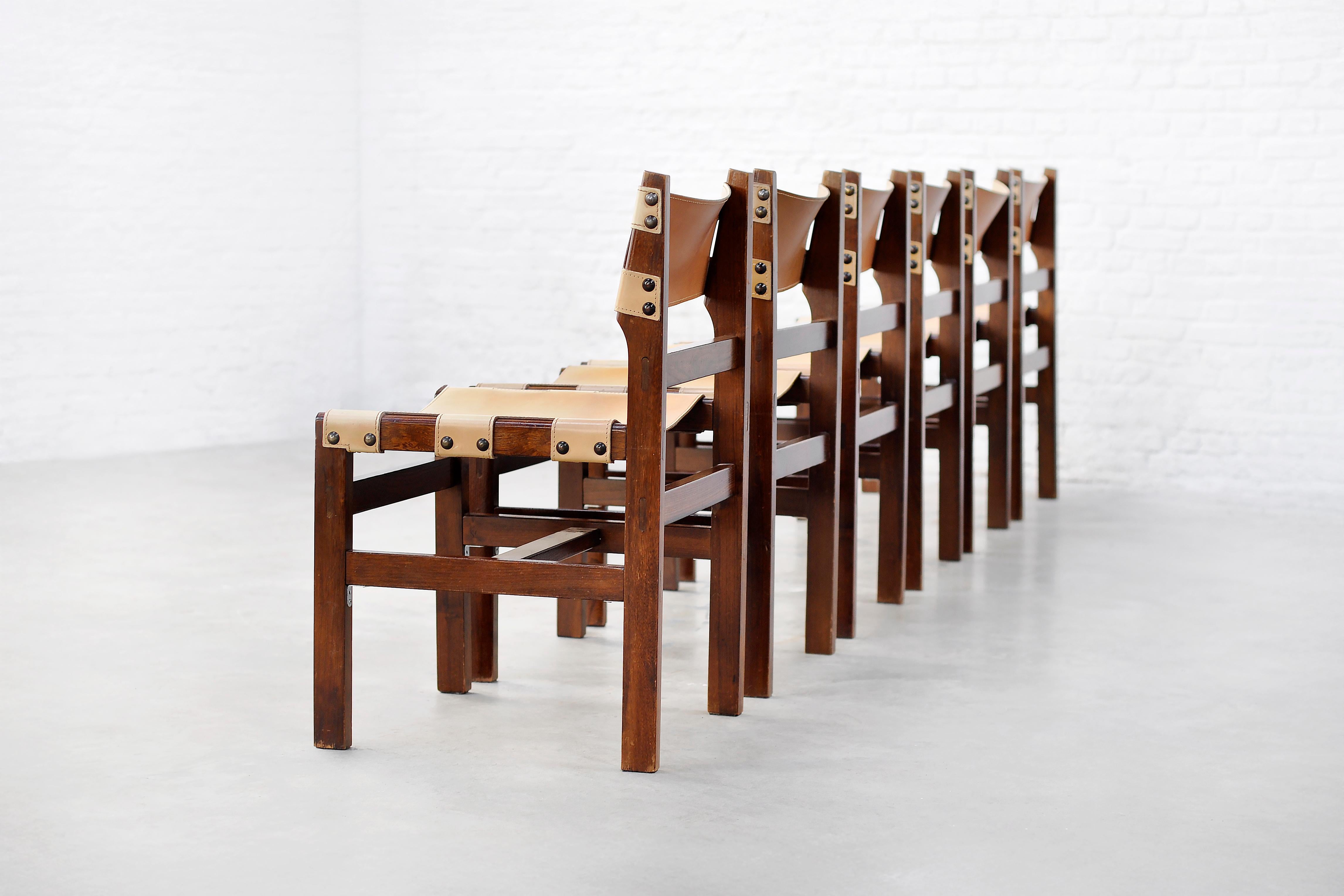 Set of 6 Solid Elm and Leather Dining Chairs by Maison Regain, France, 1970s 1