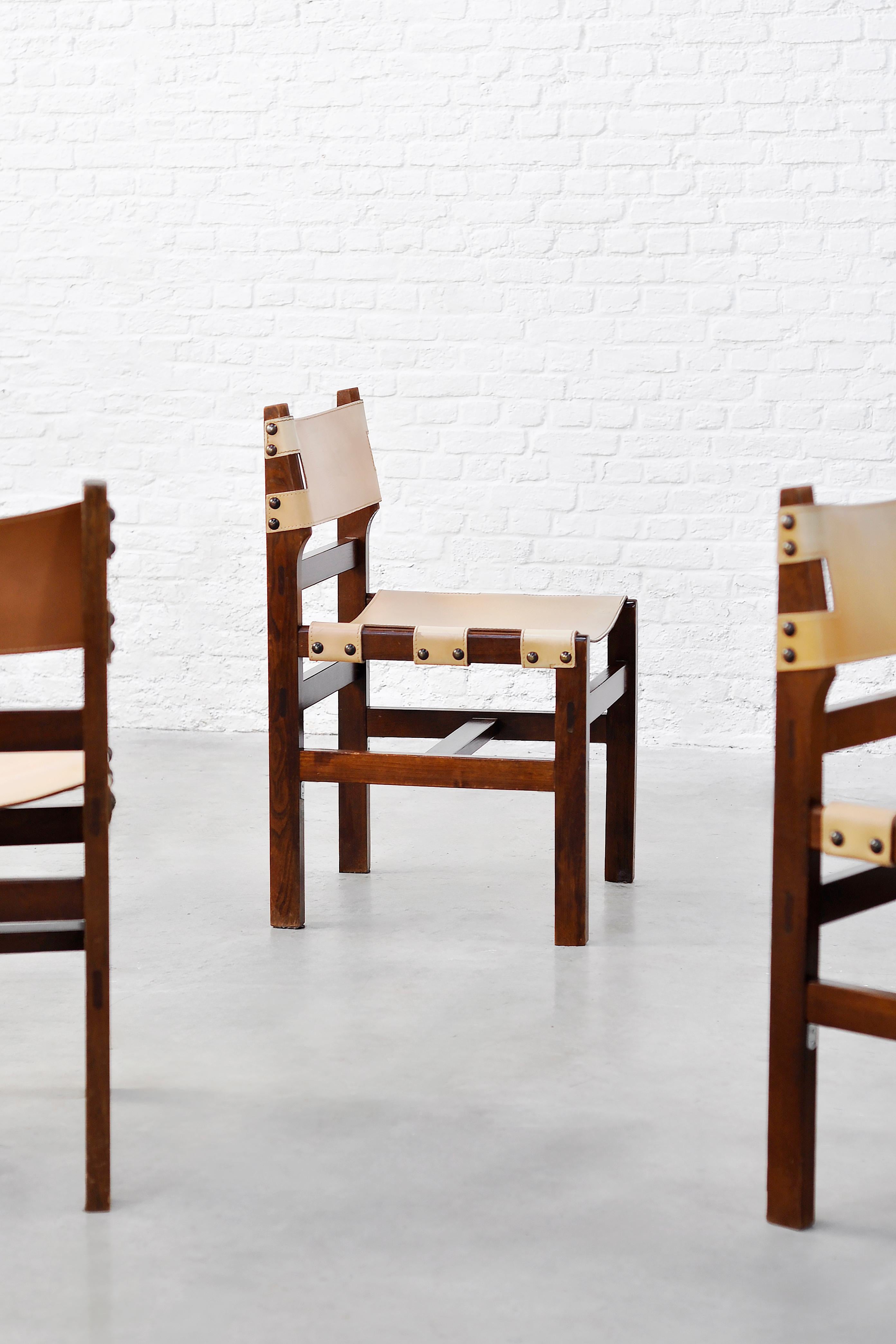 Set of 6 Solid Elm and Leather Dining Chairs by Maison Regain, France, 1970s 2