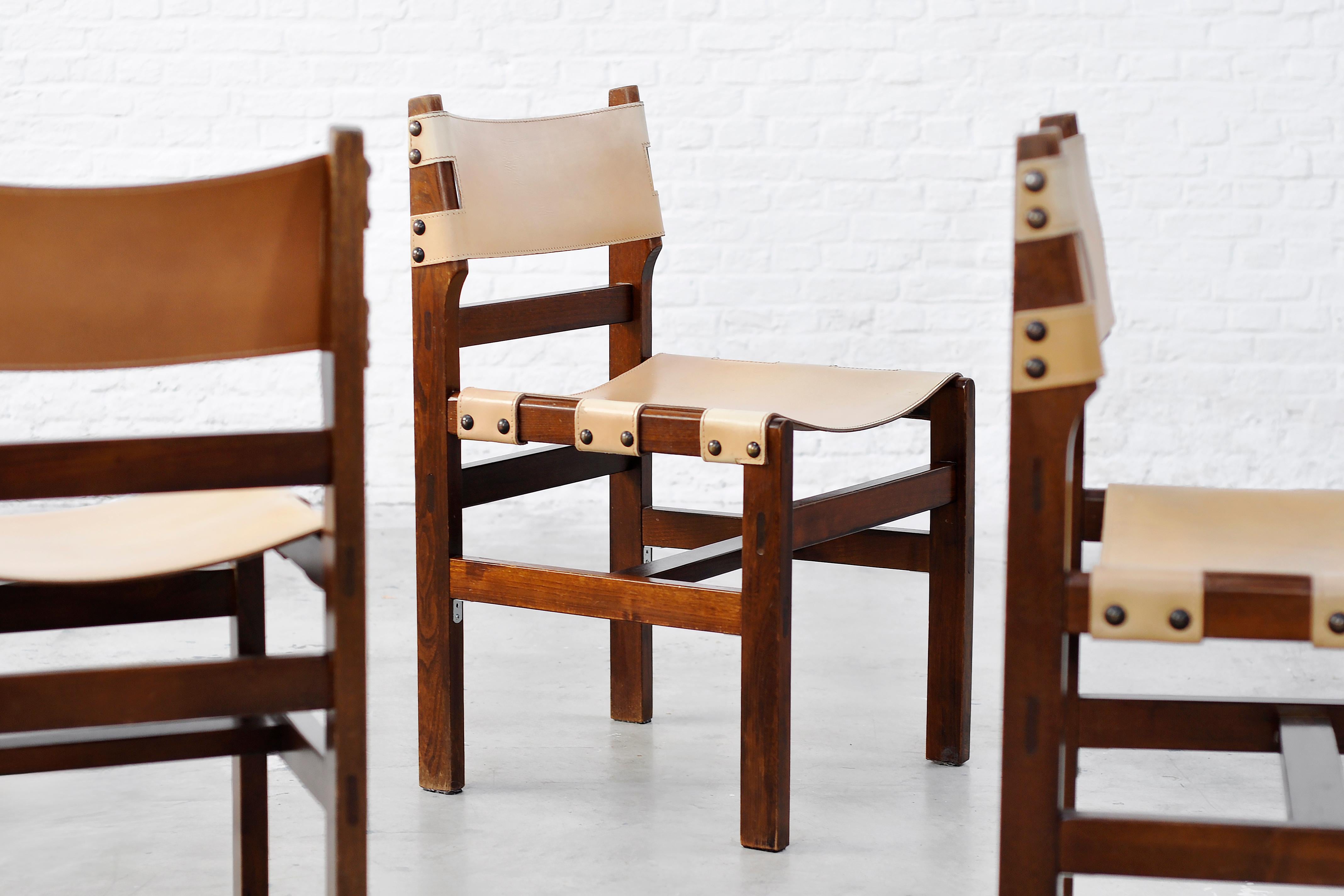 Set of 6 Solid Elm and Leather Dining Chairs by Maison Regain, France, 1970s 3