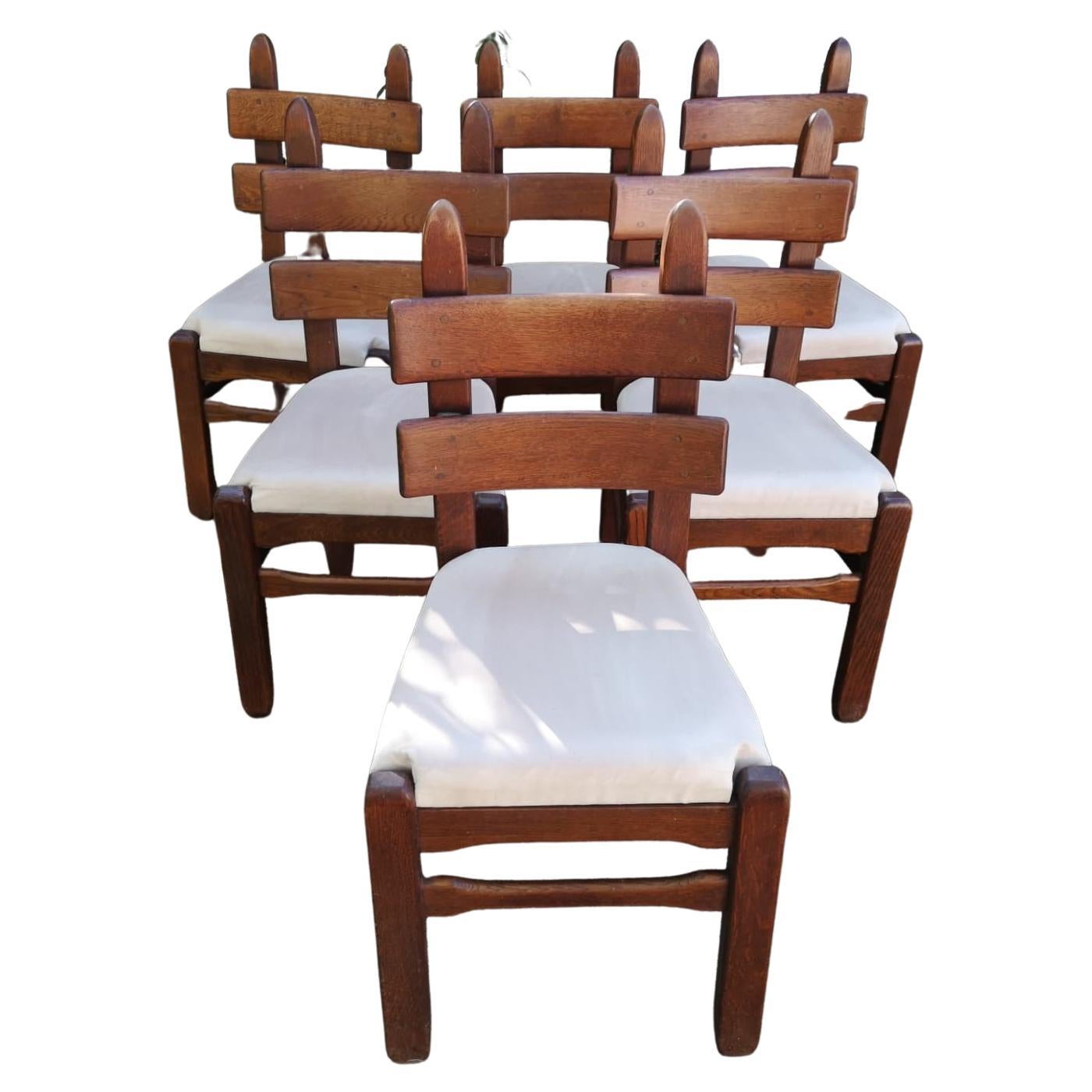 Set of 6 Solid French Oak and Alcantara Brutalist Chairs Charles Dudouyt  For Sale