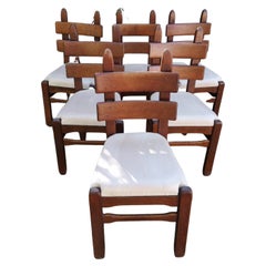 Set of 6 Solid French Oak and Alcantara Brutalist Chairs Charles Dudouyt 