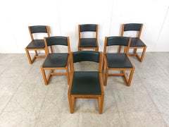 Set of 6 solid oak and leather dining chairs, 1970s