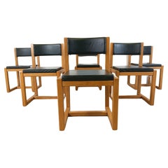 Set of 6 solid oak and leather dining chairs, 1970s