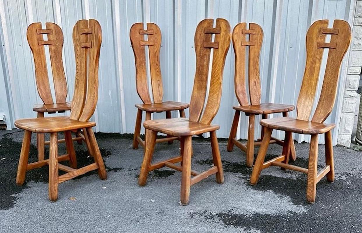 Set of 6 Solid Oak Brutalist Dining Chairs by De Puydt, circa 1960s, Belgium 4