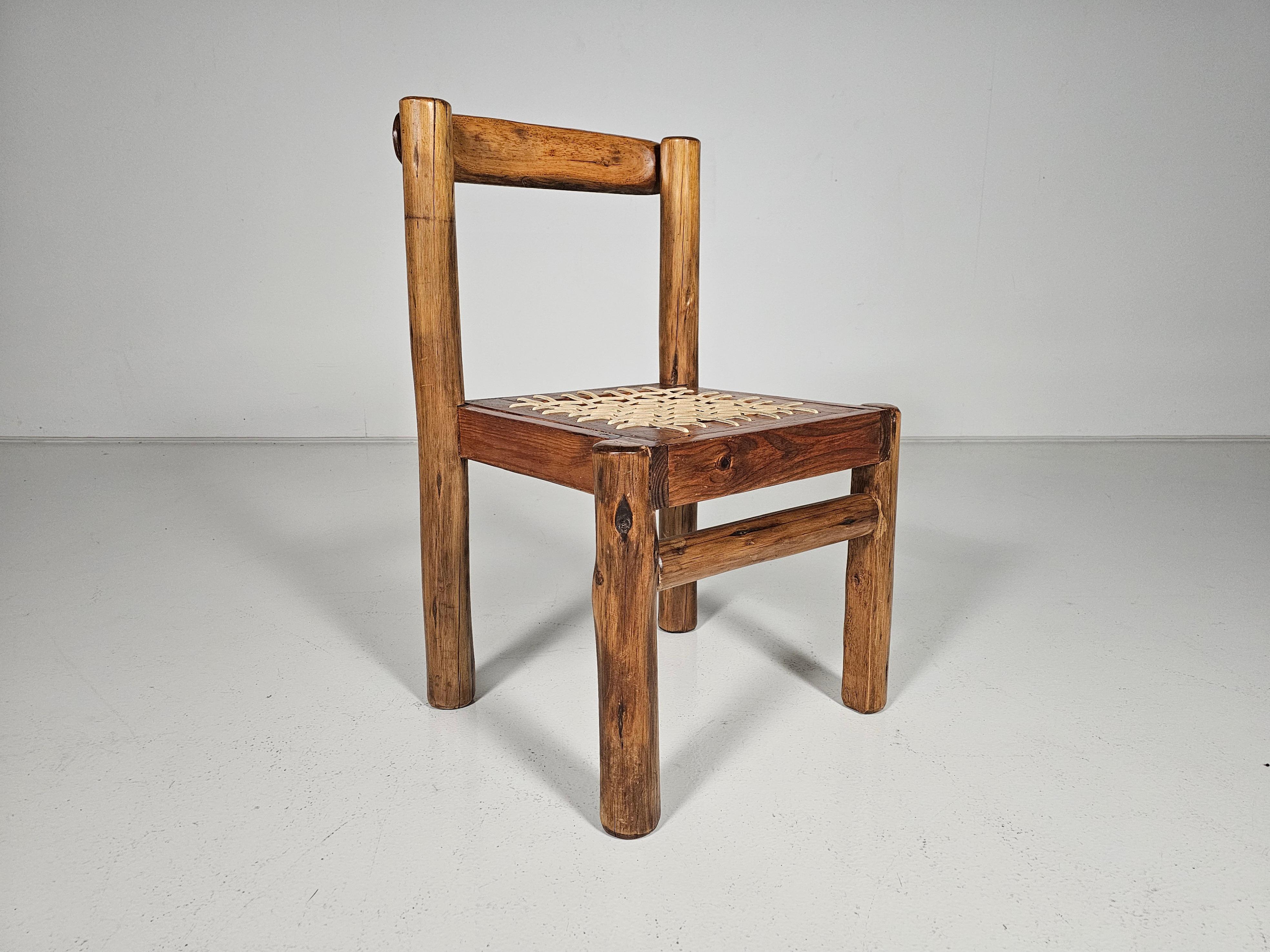 Set of 6 Solid pine wood and leather Brutalist Dining Chairs, Belgium, 1970s For Sale 6