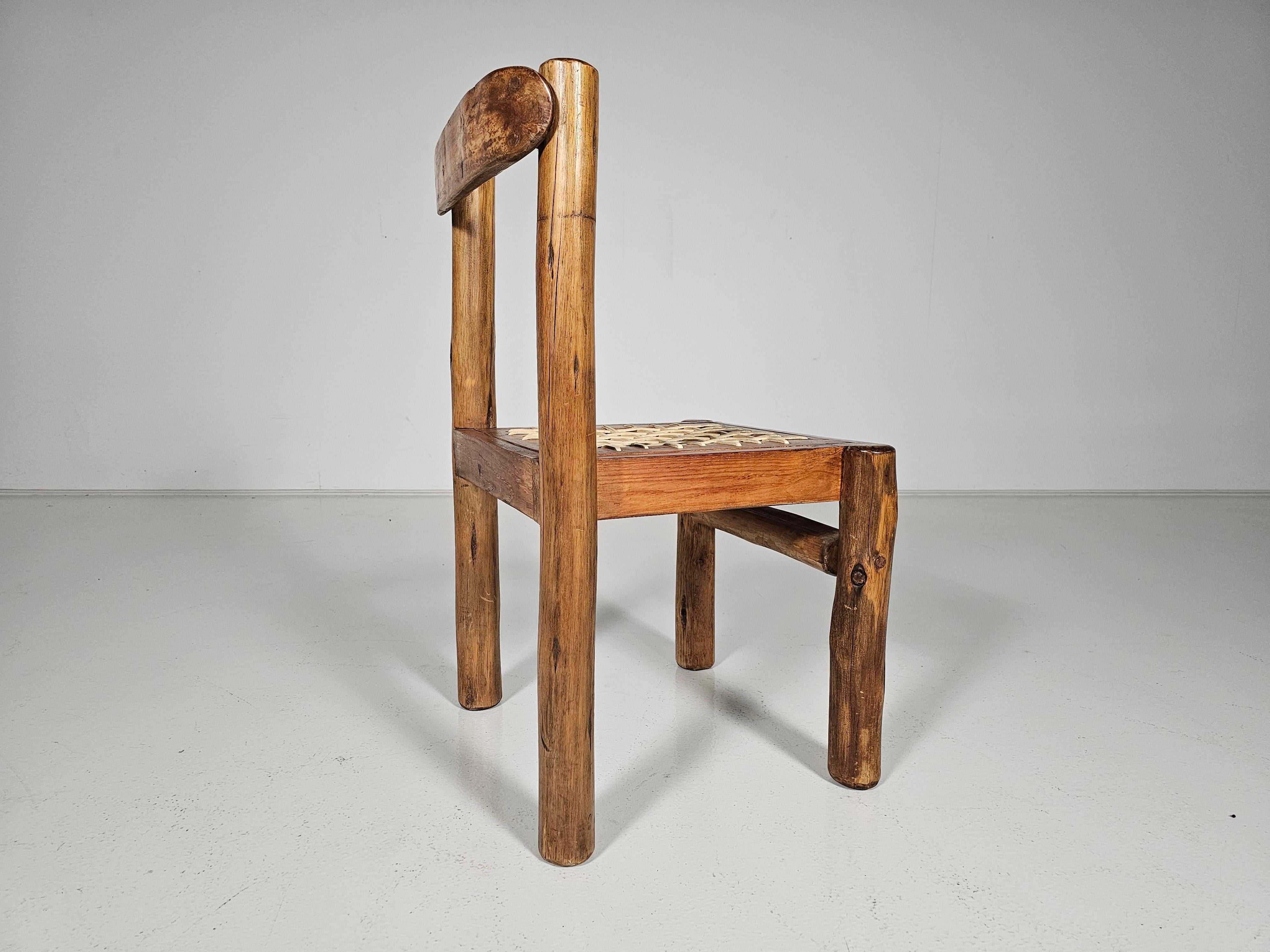 Set of 6 Solid pine wood and leather Brutalist Dining Chairs, Belgium, 1970s For Sale 7