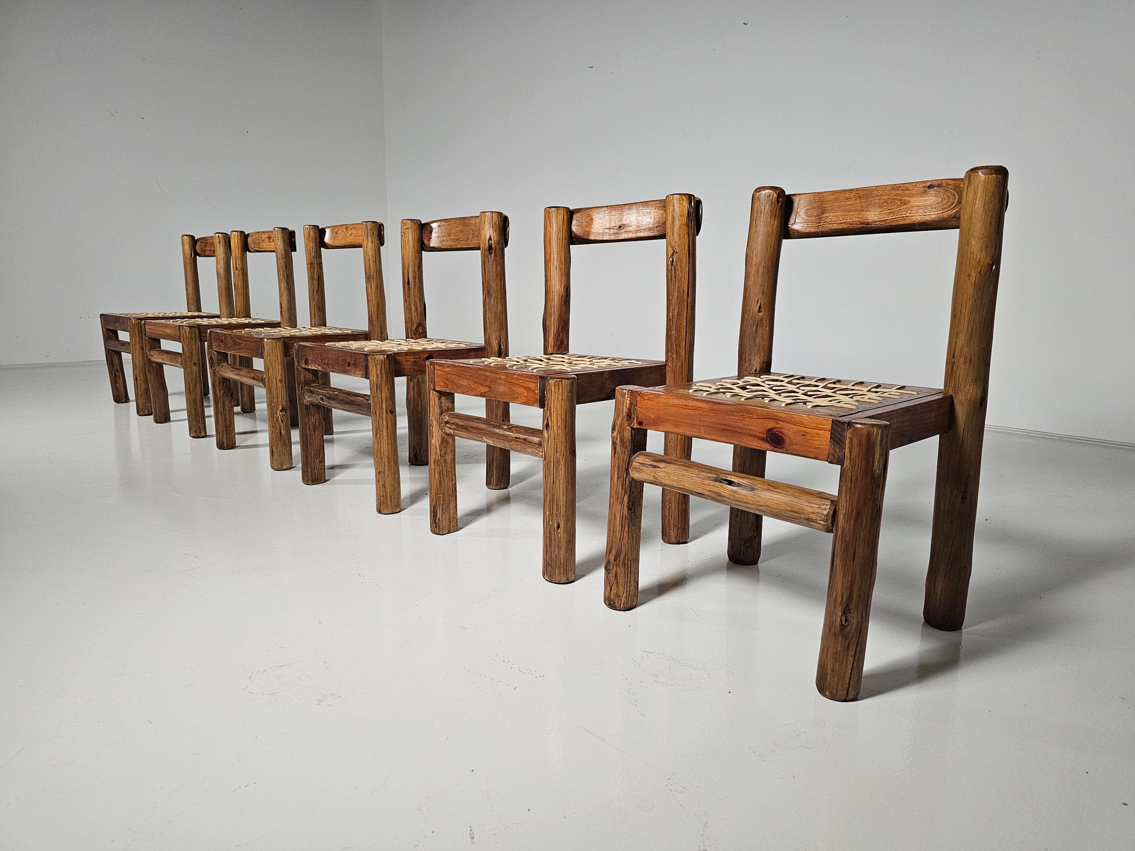 Mid-Century Modern Set of 6 Solid pine wood and leather Brutalist Dining Chairs, Belgium, 1970s For Sale