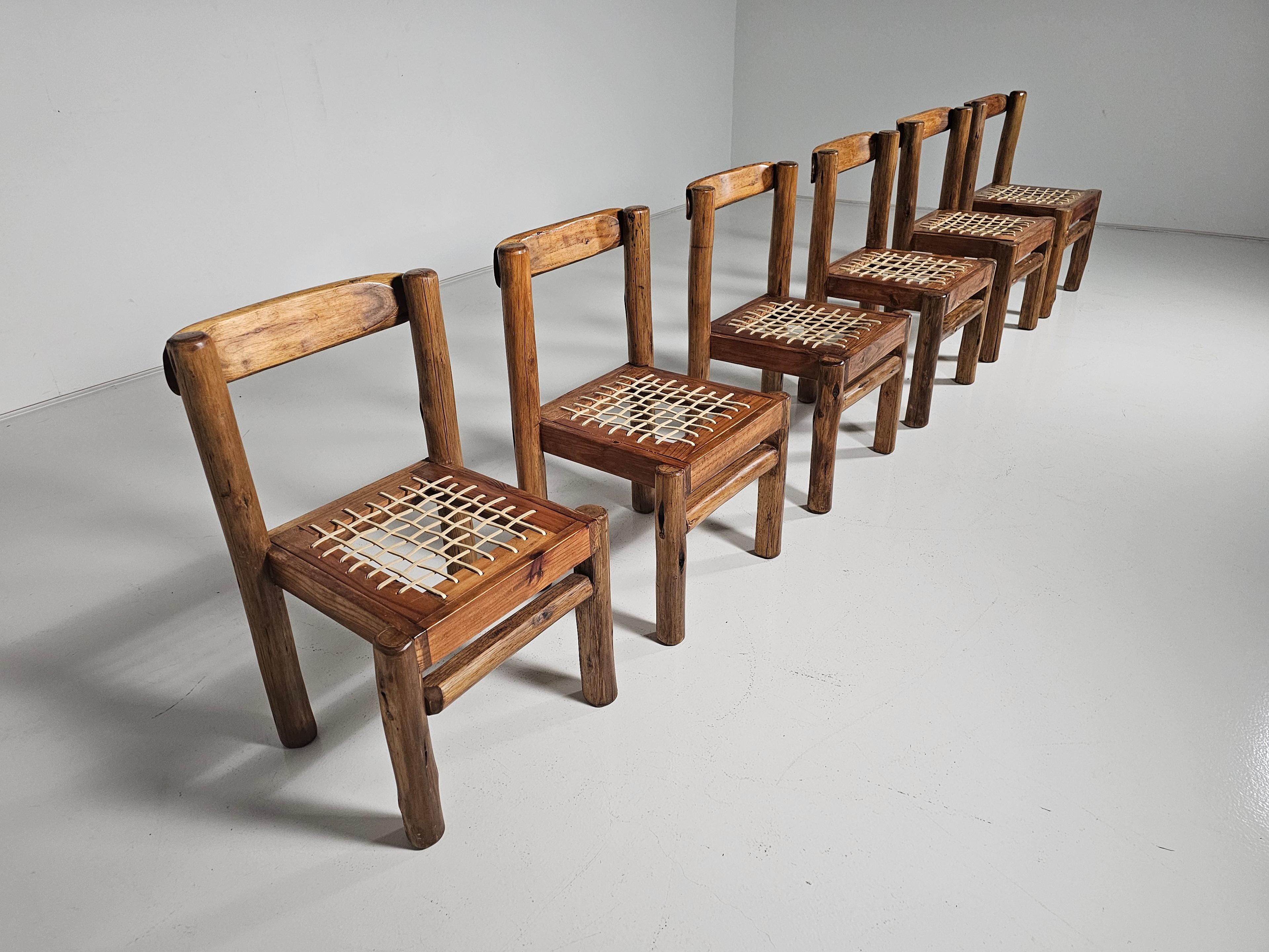 Late 20th Century Set of 6 Solid pine wood and leather Brutalist Dining Chairs, Belgium, 1970s For Sale