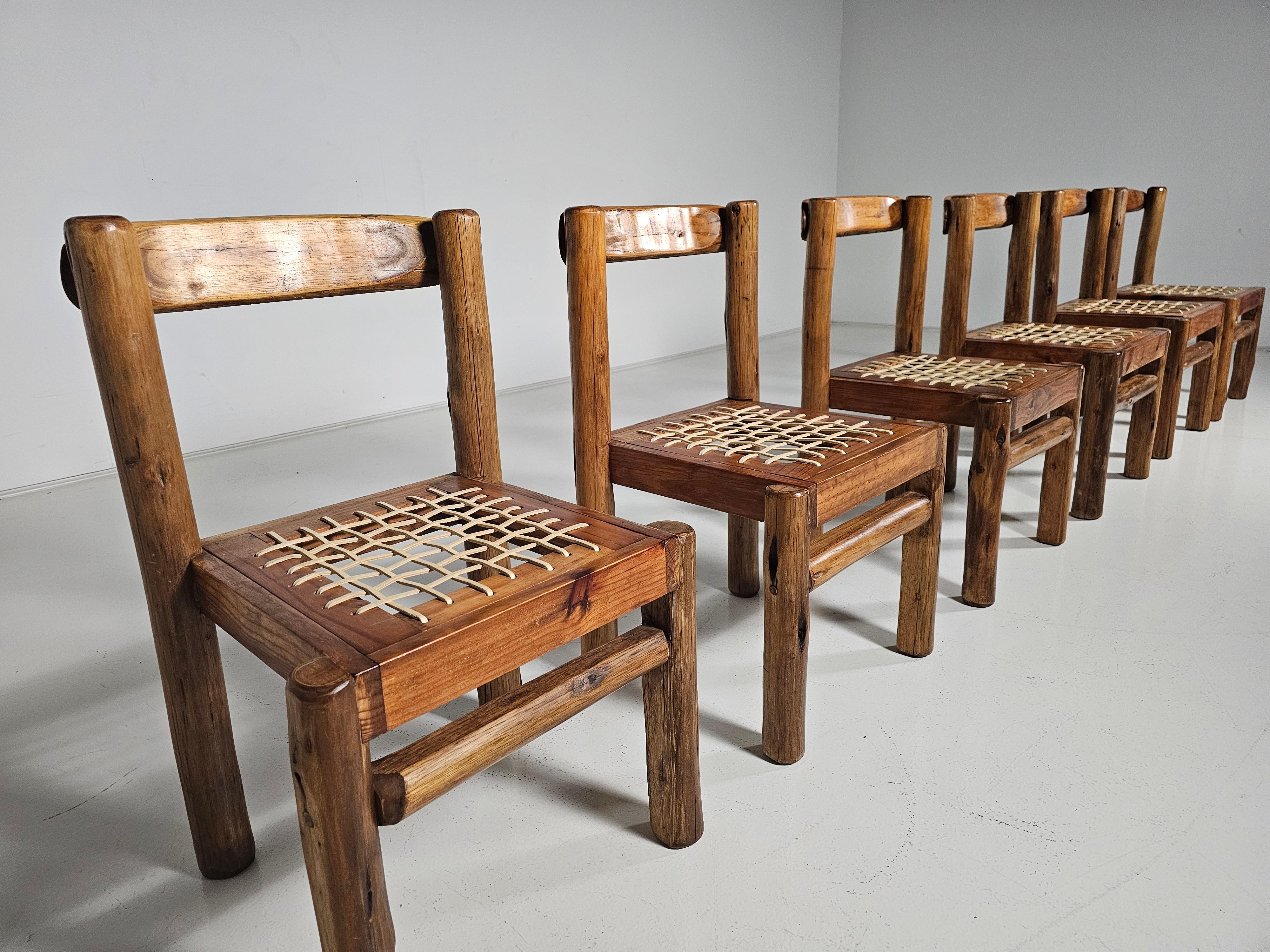 Pine Set of 6 Solid pine wood and leather Brutalist Dining Chairs, Belgium, 1970s For Sale