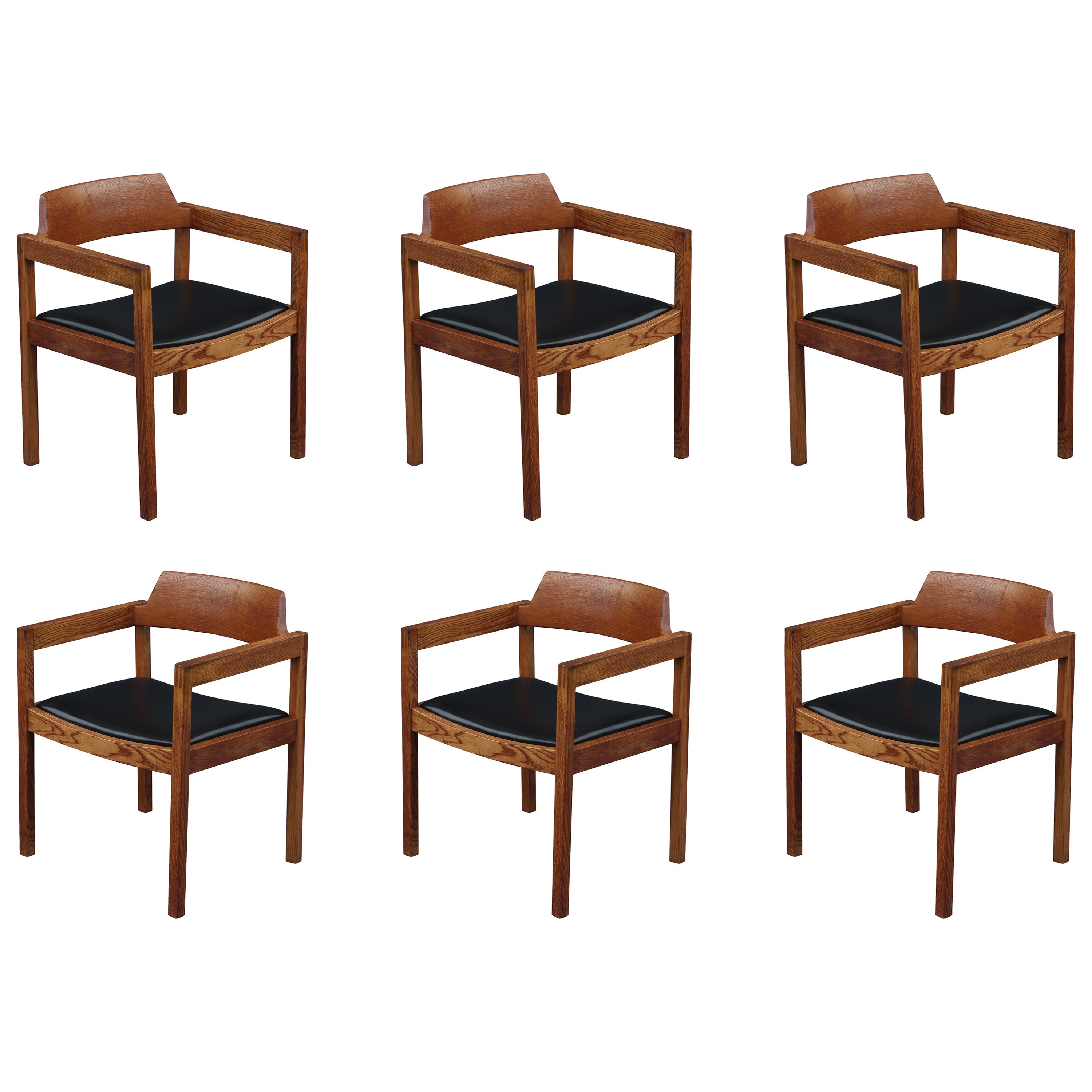 Lot de 6 chaises de salle à manger ou d'accoudoir en chêne massif Quartersawn et cuir noir par Gunlocke en vente