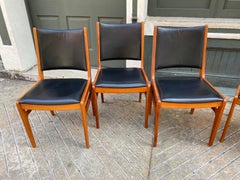 Set of 6 Solid Teak and Black Leather Dining Chairs