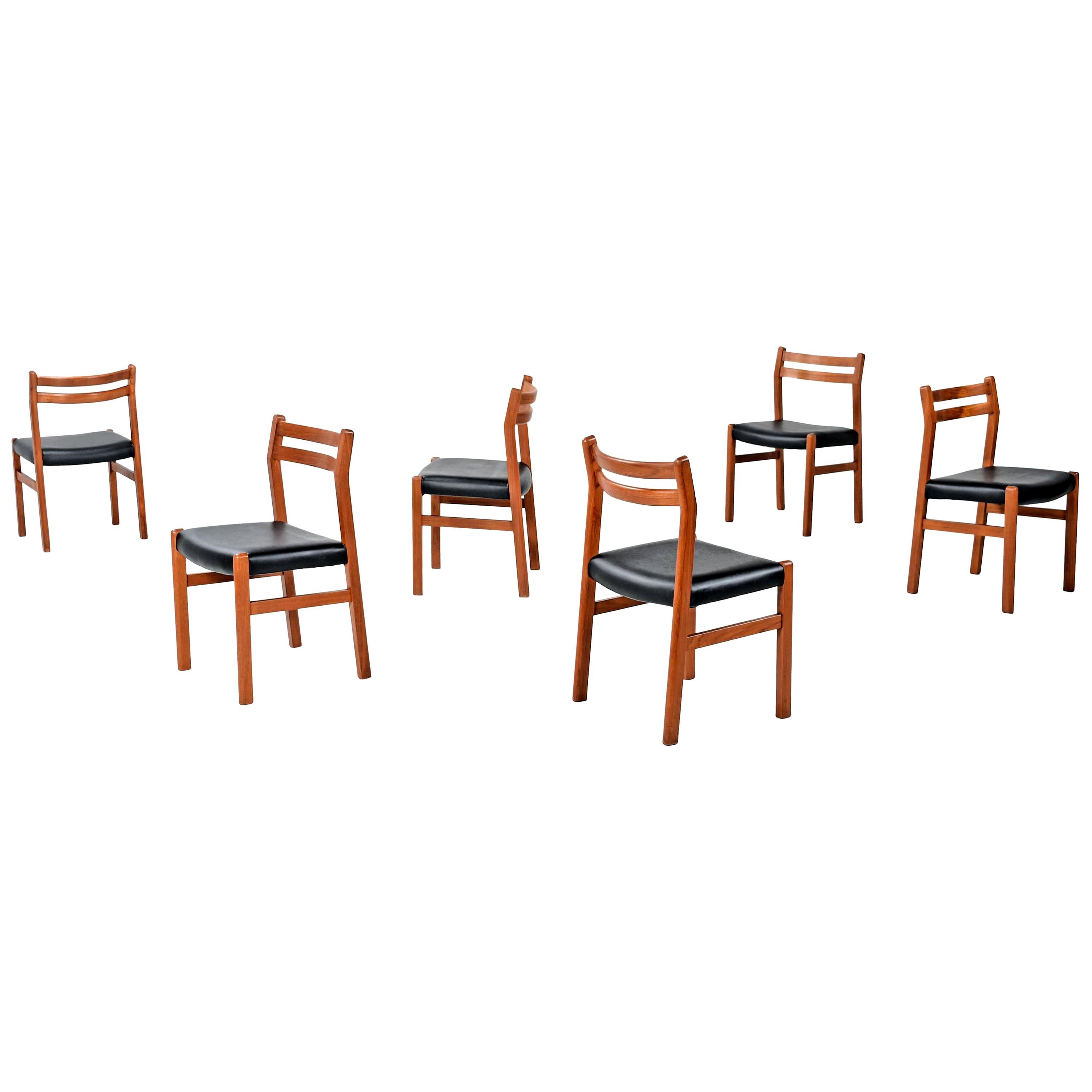 Set of 6 Solid Teak Danish Curved Back Dining Chairs, New Black Vinyl Upholstery