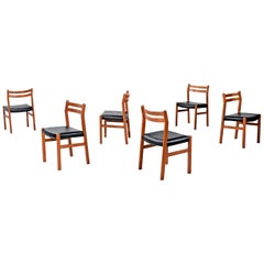 Vintage Set of 6 Solid Teak Danish Curved Back Dining Chairs, New Black Vinyl Upholstery