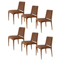 Set of 6 solid wood "Joca" chairs with natural leather fabric