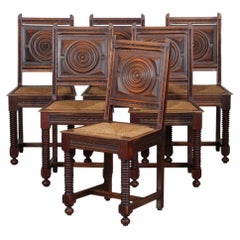 Set of 6 solid wood straw-seated chairs, French craftsmanship, 1940