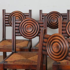 Set of 6 solid wood straw-seated chairs, made in France, 1940