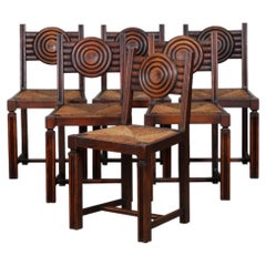 Set of 6 solid wood straw-seated chairs, made in France, 1940