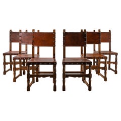 Set of 6 Spanish 1930s Wood & Leather Chairs