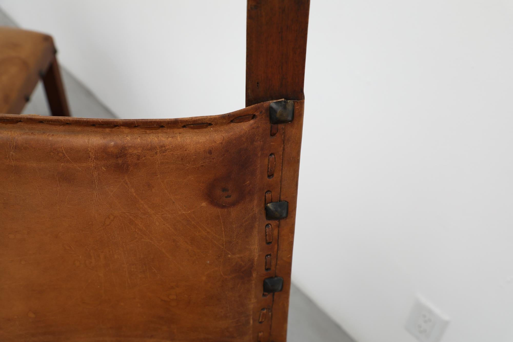 Satz von 6 spanischen brutalistischen Stühlen aus schwerem dunklem Holz, braunem Leder und Eisen 8