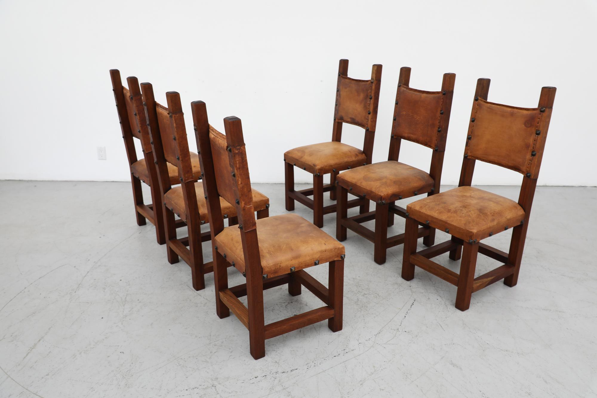 Satz von 6 spanischen brutalistischen Stühlen aus schwerem dunklem Holz, braunem Leder und Eisen 10