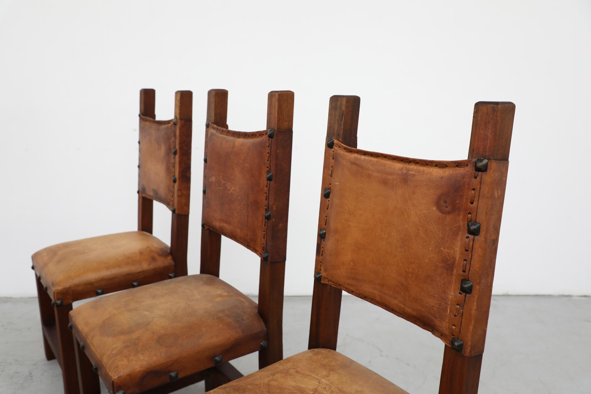 Set of 6 Spanish Brutalist Heavy Dark Wood, Brown Leather & Iron Dining Chairs For Sale 11