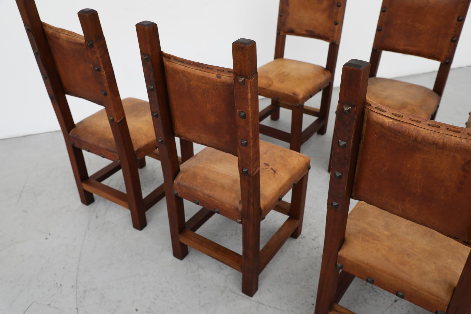 Set of 6 Spanish Brutalist Heavy Dark Wood, Brown Leather & Iron Dining Chairs For Sale 12