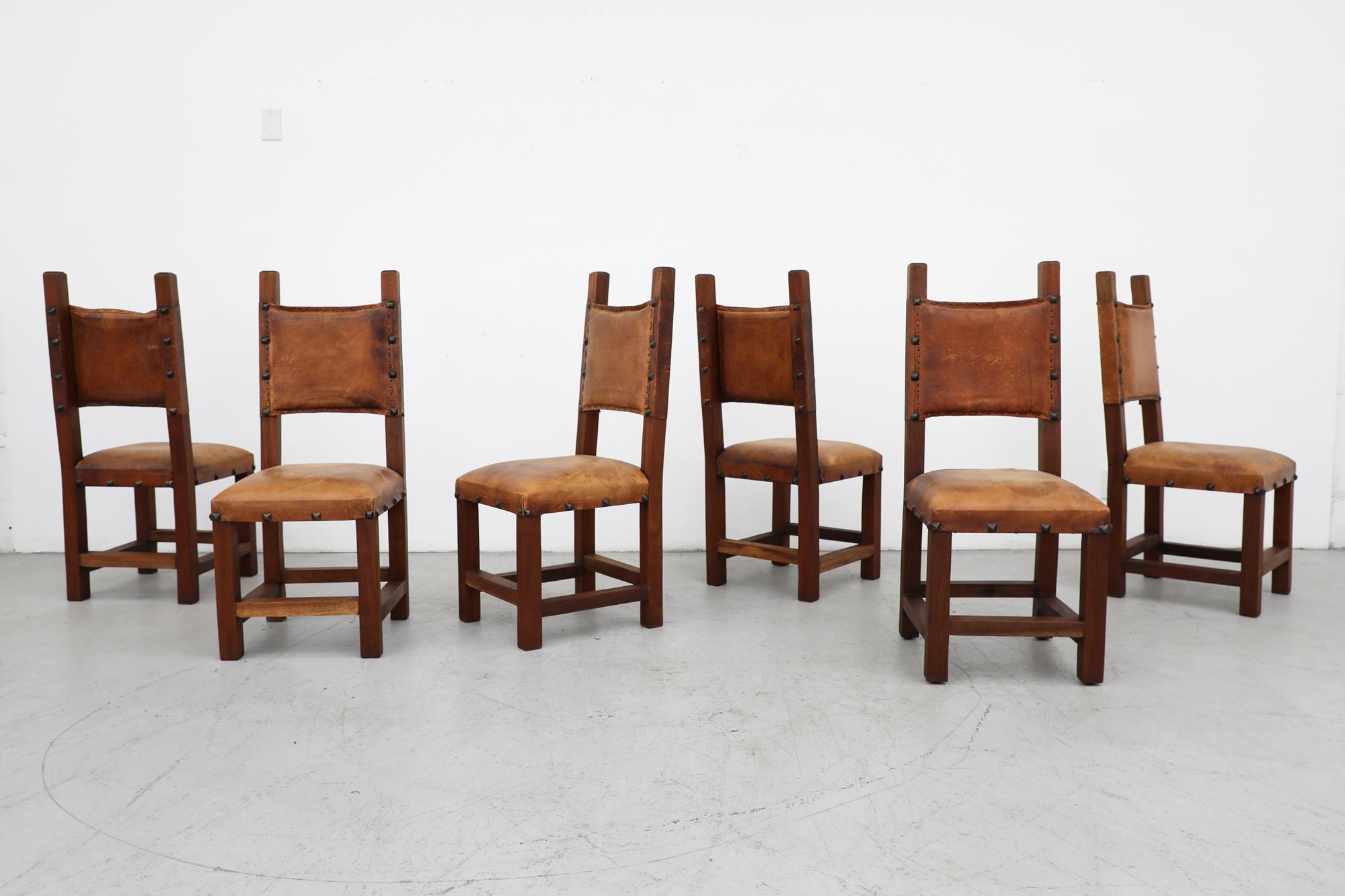 Satz von 6 spanischen brutalistischen Stühlen aus schwerem dunklem Holz, braunem Leder und Eisen 14