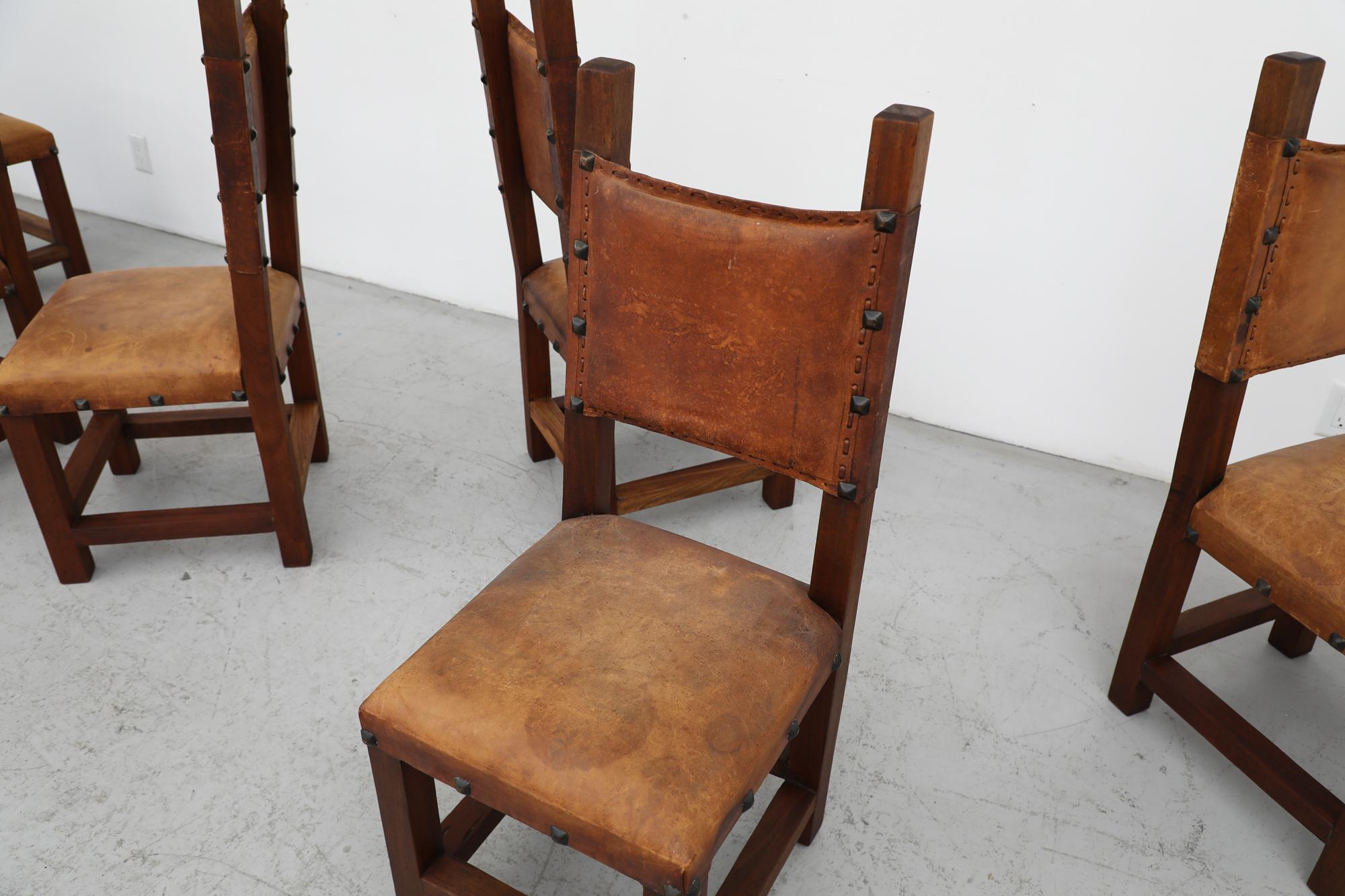 Mid-Century Modern Set of 6 Spanish Brutalist Heavy Dark Wood, Brown Leather & Iron Dining Chairs For Sale