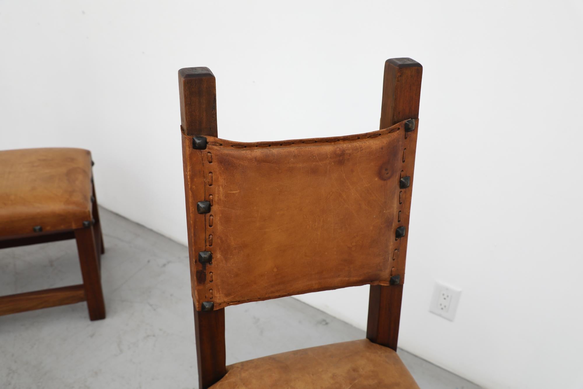 Belgian Set of 6 Spanish Brutalist Heavy Dark Wood, Brown Leather & Iron Dining Chairs