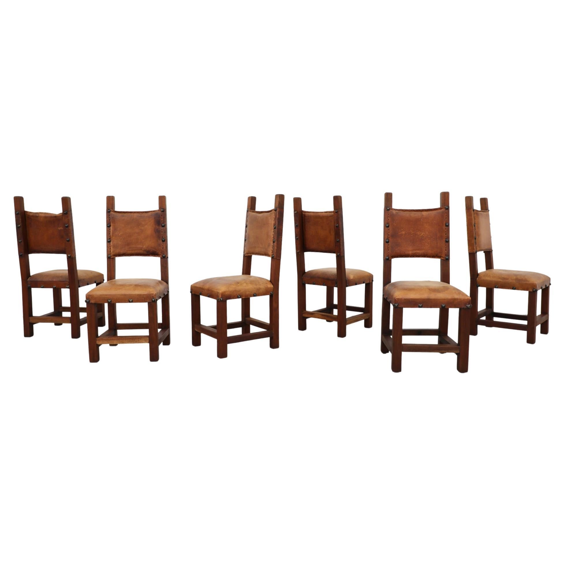 Set of 6 Spanish Brutalist Heavy Dark Wood, Brown Leather & Iron Dining Chairs For Sale